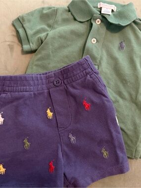 Ralph Lauren  Green Polo Shirt & Navy Embroidered Shorts Set